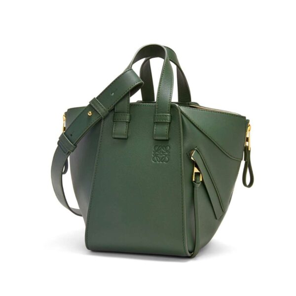 Discover the elegance of the Luxury Loewe Compact Hammock Green Bag with a front zipper and two handles - a must-have accessory in Dubai