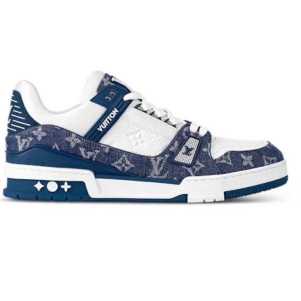 Elevate your style with these exclusive LV Trainer Sneakers featuring a stunning blue and white print. Step into luxury with Louis Vuitton