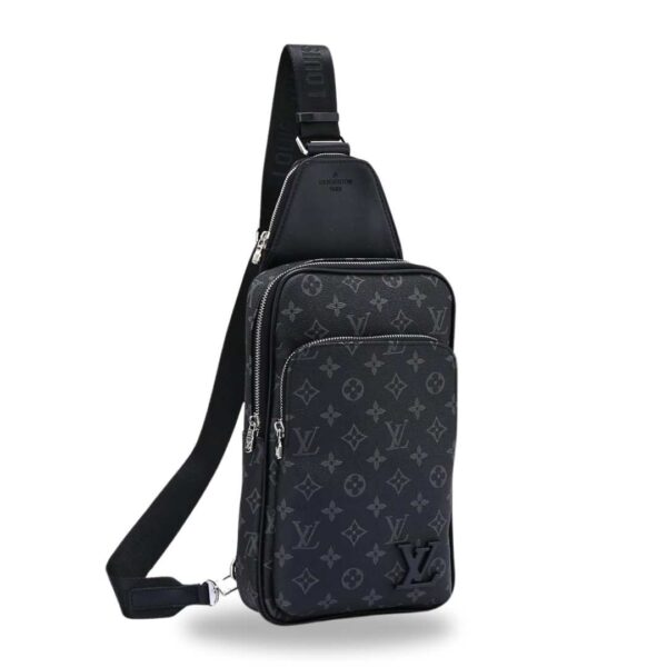 Add a touch of elegance to your daily essentials with this exquisite Lv Crossbody Slingbag. This sleek black and white checkered backpack, featuring a comfortable strap, combines luxury and functionality flawlessly