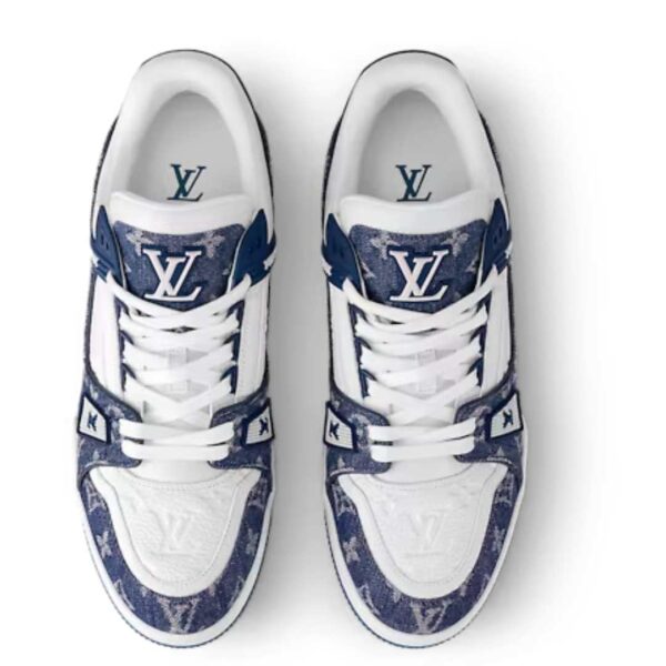 Experience the epitome of luxury with these LV Trainer Sneakers. The blue and white print adds a touch of sophistication to your look. Get yours now