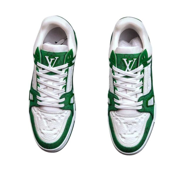 Experience the epitome of luxury with these Louis Vuitton sneakers adorned with green and white accents. Elevate your fashion game with these exclusive trainer sneakers