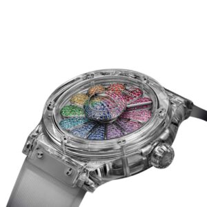 Discover the vibrant elegance of the New Hublot Takashi Murakami Sapphire Rainbow watch, featuring a colorful flower on its face. Indulge in luxury in Dubai