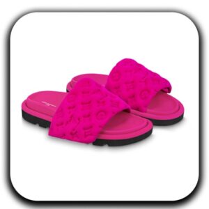 Lv Pink Neoprene Pool Pillow Flat Sandals _ lv slippers for ladies _ lv slippers woman _ lv slippers fluffy _ lv slippers for women _ louis vuitton pink slippers _ women pink slippers _ dark pink slippers