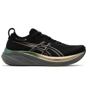 Asics Gel Nimbus 26 Platinum Black Champagne heel view