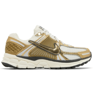 Nike Air Zoom Vomero 5 'Metallic Gold' worn with neutral joggers